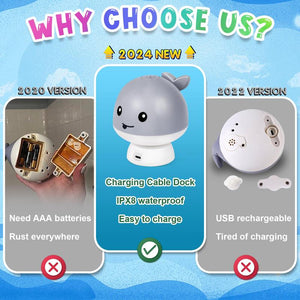 【4Th Generation】2024 Upgraded Whale Bath Toy with Charging Cable Dock, Rechargeable Bath Fountain Toy , - IPX8 Waterproof Light up Bath Toys Sprinkler for Kids Gifts