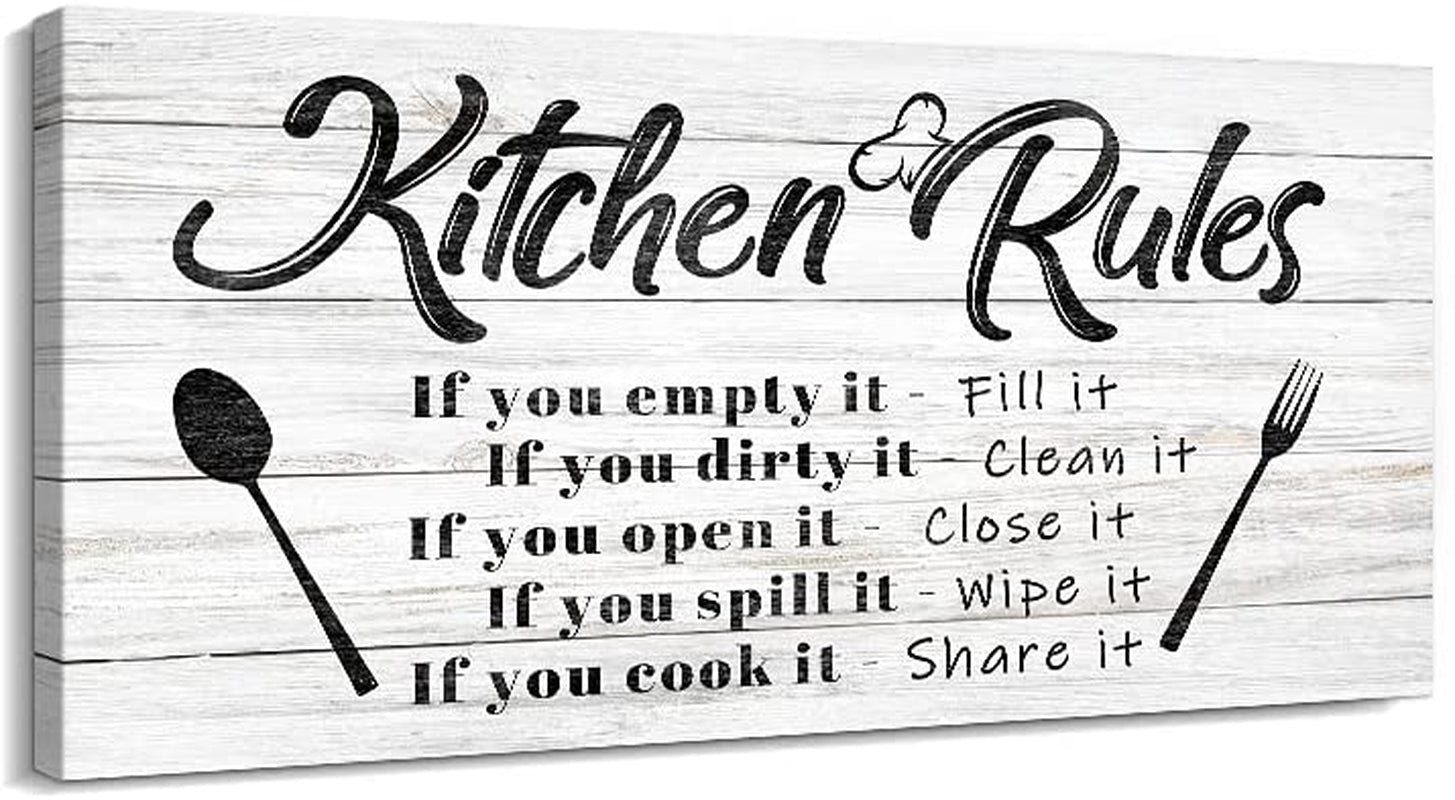 Kitchen Rules Wall Decor Funny Inspirational Quote Canvas Print Art Modern Rustic Farmhouse Kitchen Decorative (8X16 Inch, W)