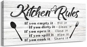 Kitchen Rules Wall Decor Funny Inspirational Quote Canvas Print Art Modern Rustic Farmhouse Kitchen Decorative (8X16 Inch, W)