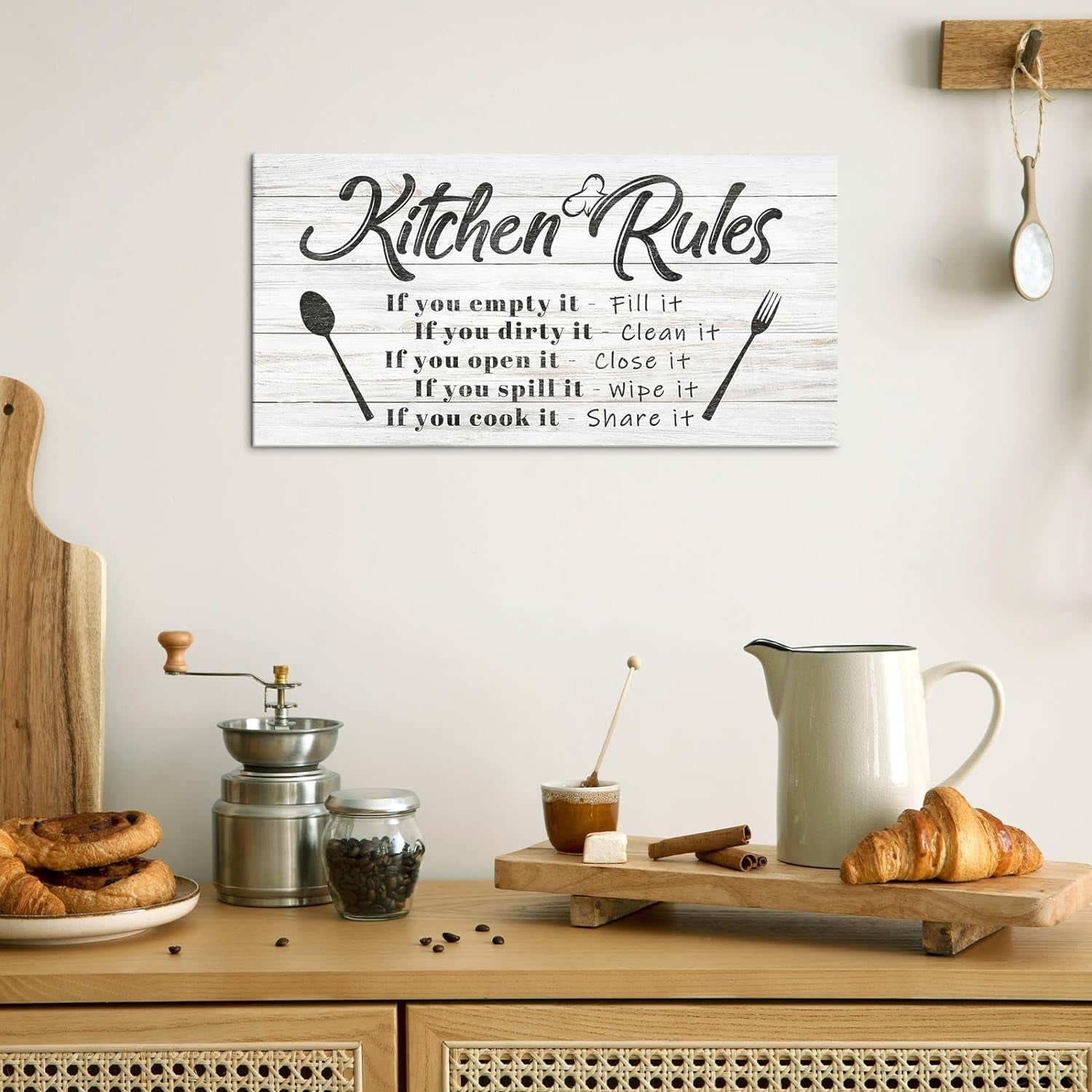 Kitchen Rules Wall Decor Funny Inspirational Quote Canvas Print Art Modern Rustic Farmhouse Kitchen Decorative (8X16 Inch, W)