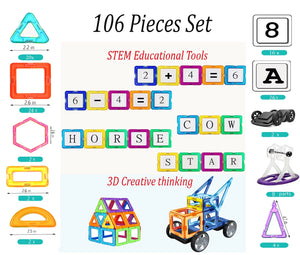 106 PCS Magnetic Tiles Set, STEM Building Block Preschool Educational Construction Kit，3D Magnetic Toys (106 Pieces) Age: 3 and Above