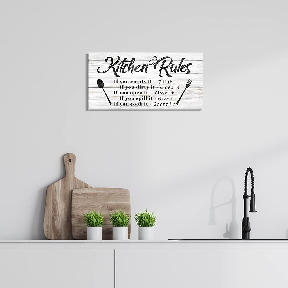 Kitchen Rules Wall Decor Funny Inspirational Quote Canvas Print Art Modern Rustic Farmhouse Kitchen Decorative (8X16 Inch, W)